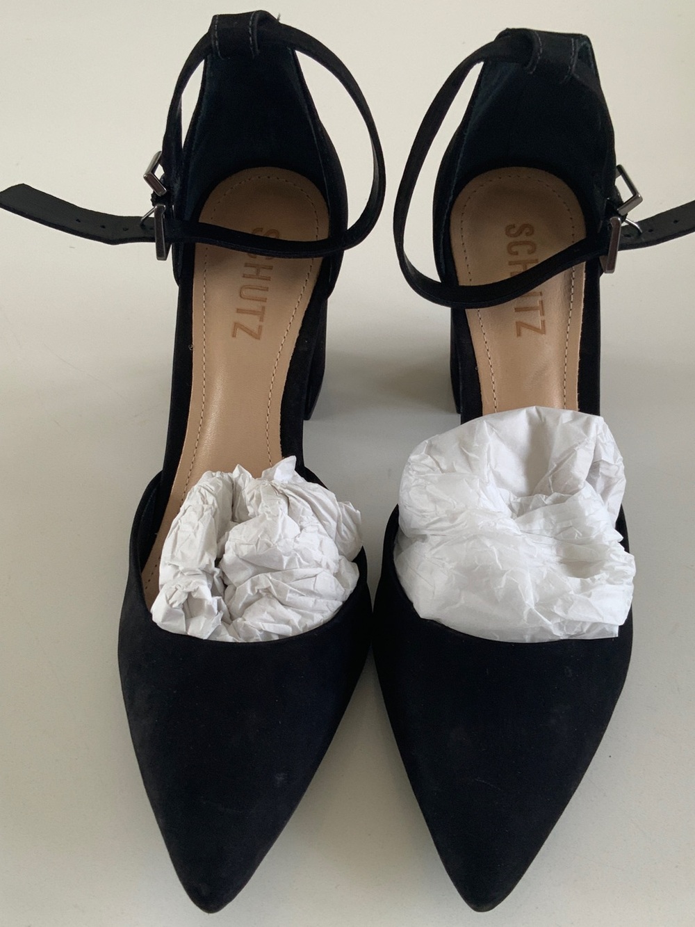 SCHUTZ Black Suede Pointed-Toe Ankle-Strap Pumps